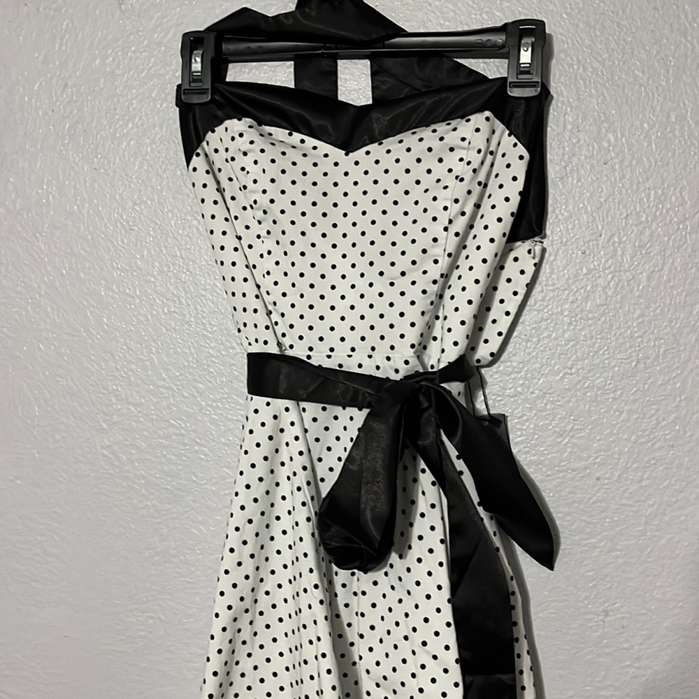 Retro Rockabilly White Polka Dot Dress with Corset Detail and Ribbons - Large